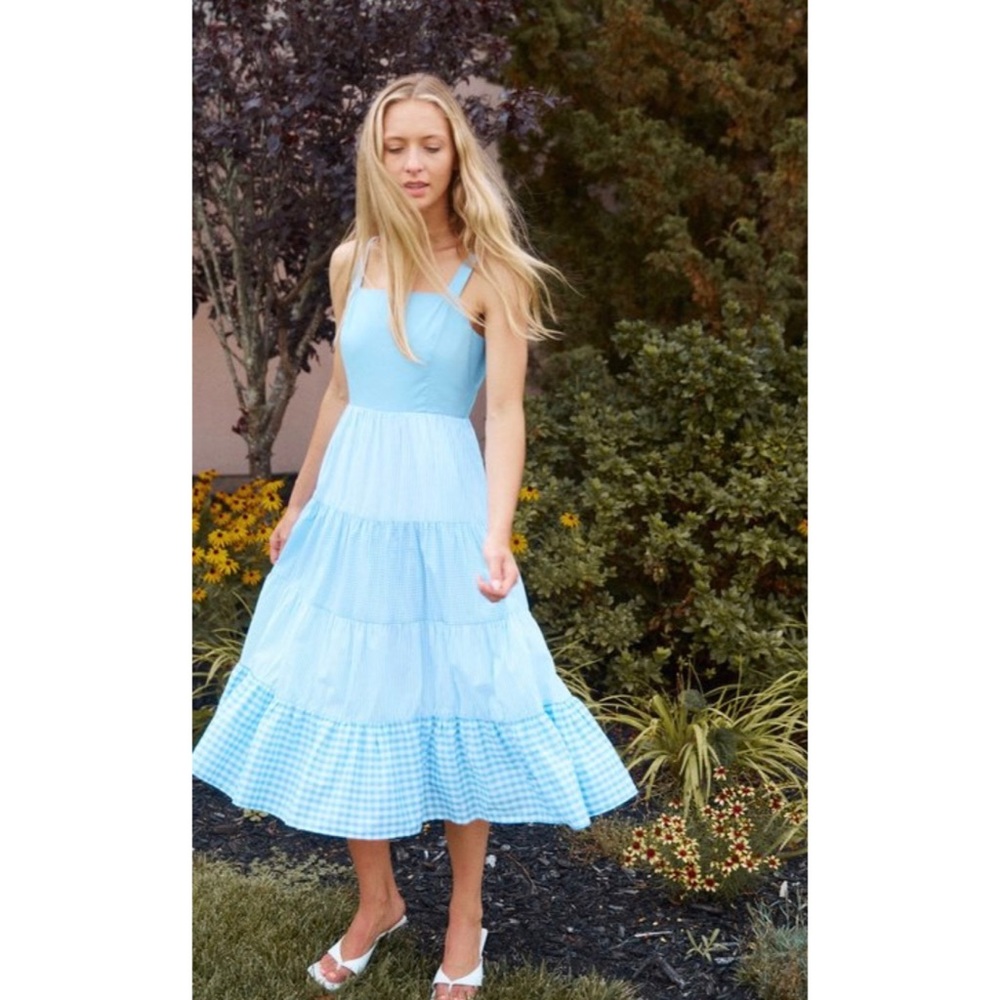 English Factory Light Blue Tiered Gingham Midi Dress - Picture 1 of 10